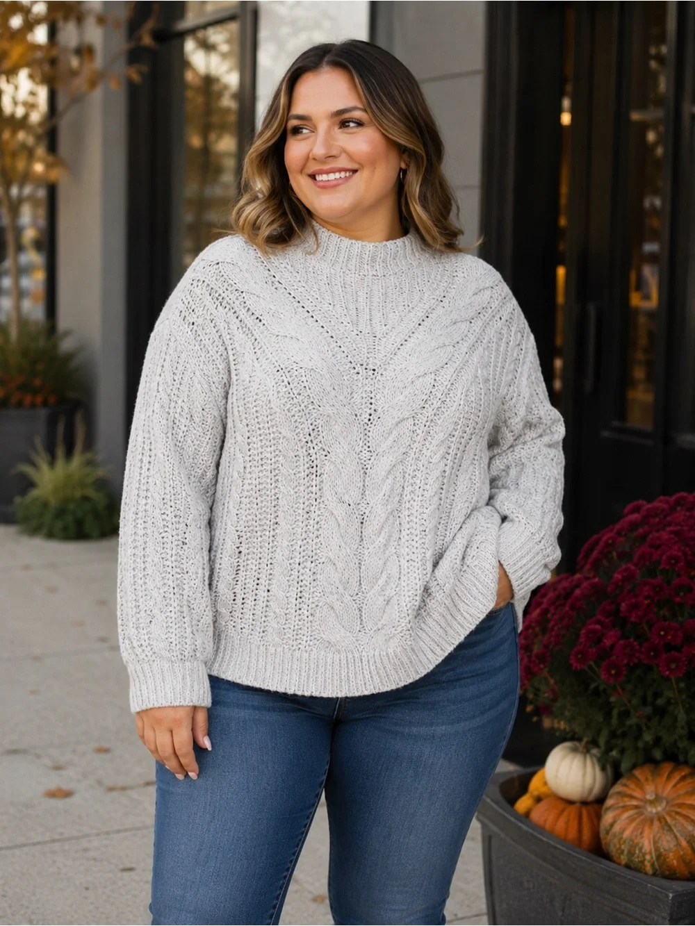 Ava & Viv Sweater Gray Cable Knit Crewneck Long Sleeve Pullover